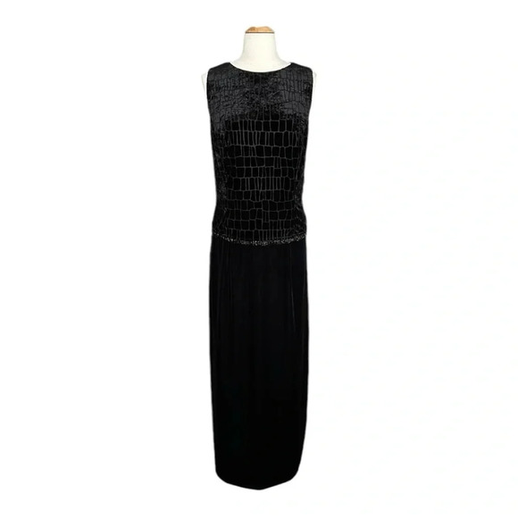 SCOTT McCLINTOCK Vintage 80s Maxi Column Dress Gown Black Velvet Burnout Beaded - Picture 1 of 16